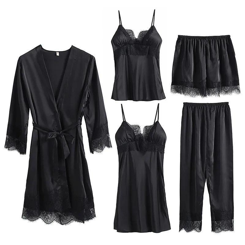 Lace Pajama Sleeveless Pyjamas Shorts Long Set Pijama Mujer Suit Women Nighties Sexy Sleepwear 5 Pieces