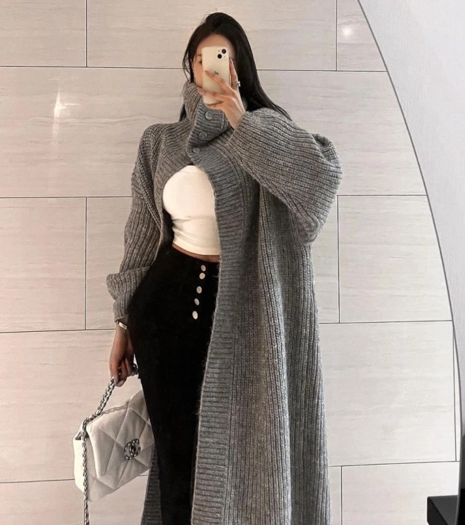 

South Korea chic autumn and winter minority lazy style high collar buckle loose with thick long knitted cardigan coat women