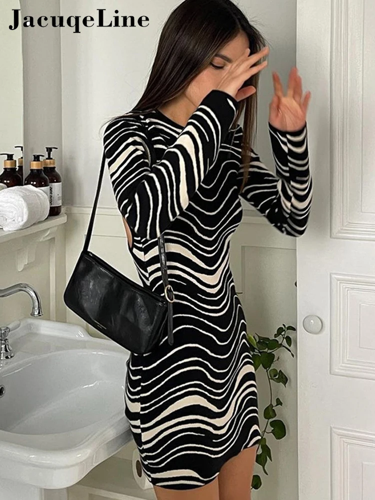 

Сексуальное облегающее платье в полоску с открытой спиной, с длинным рукавом, сезон осень-зима 2022, Повседневные Вечерние мини-платья с кругл...