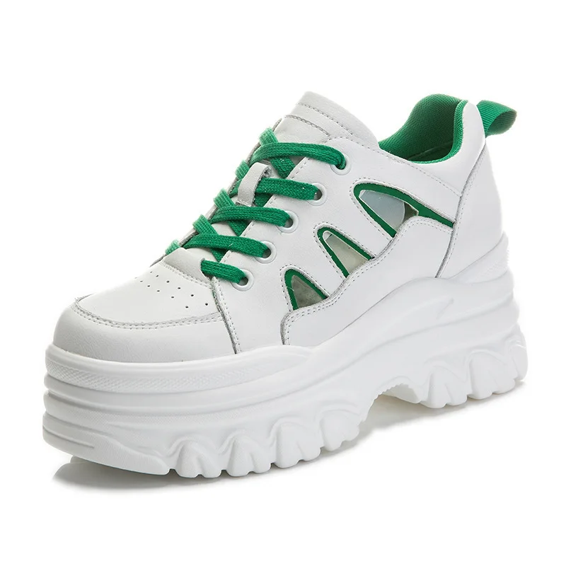 

7cm Full Cow Genuine Leather Women Summer Shoes Platform Sneakers Wedge Hidden Heel White Sneakers Hollow Shoes Chunky