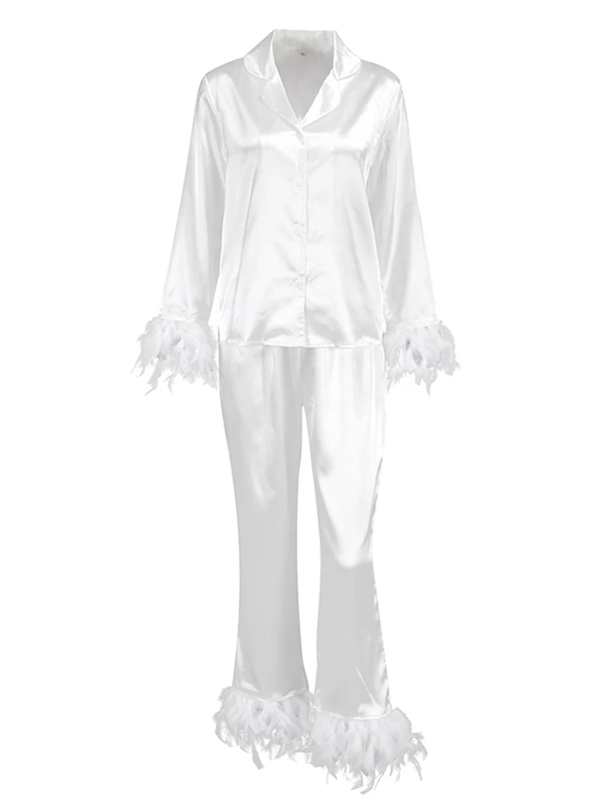 Marthaqiqi Pink Satin Women Pajama Feathers Long Sleeve Nightwear Turn-Down Collar Low-Cut Nightie Trousers Nightie Suit Female