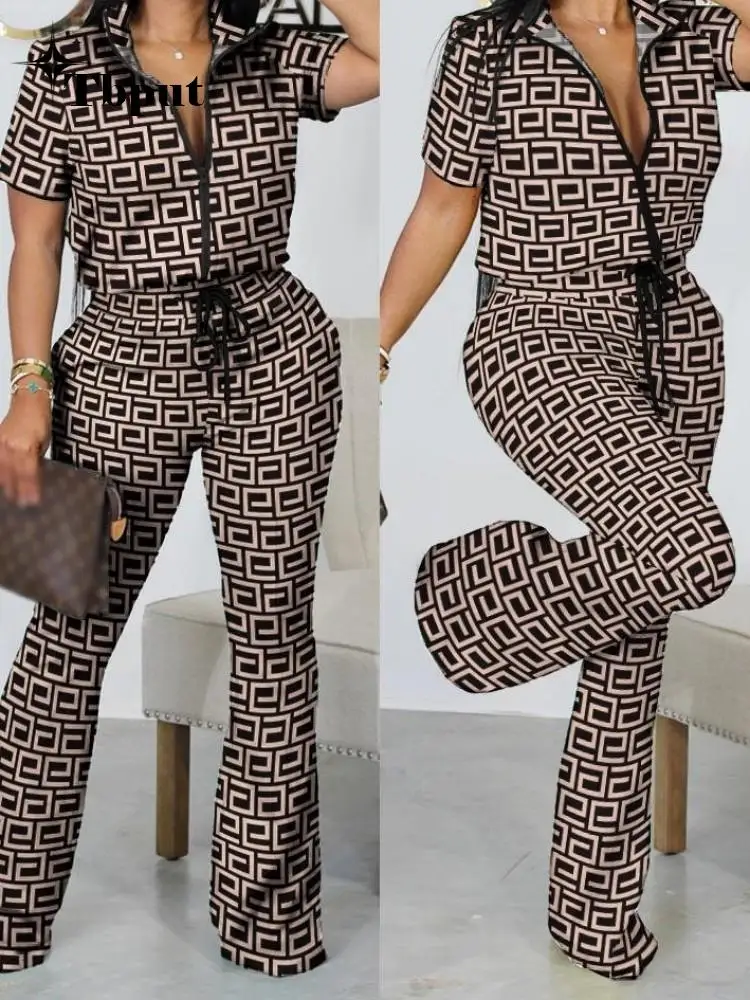 

Женский комплект из двух предметов, рубашка на молнии с коротким рукавом и расклешенные брюки с принтом, летний женский Повседневный Спорти...