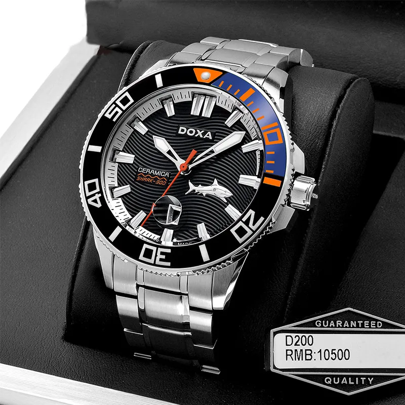

DOXA Men Watch Shark Series Waterproof Stainles Steel Clear Dial Brand New Cool Scale Three Color Date Quartz Luxury Sport Style