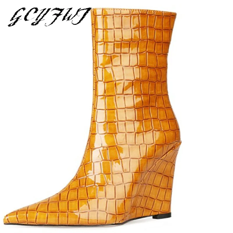 Zapatos vulcanizados con estampado de cocodrilo para mujer, Botines de tacón alto con cremallera y cuñas en punta, color naranja neón, 2022