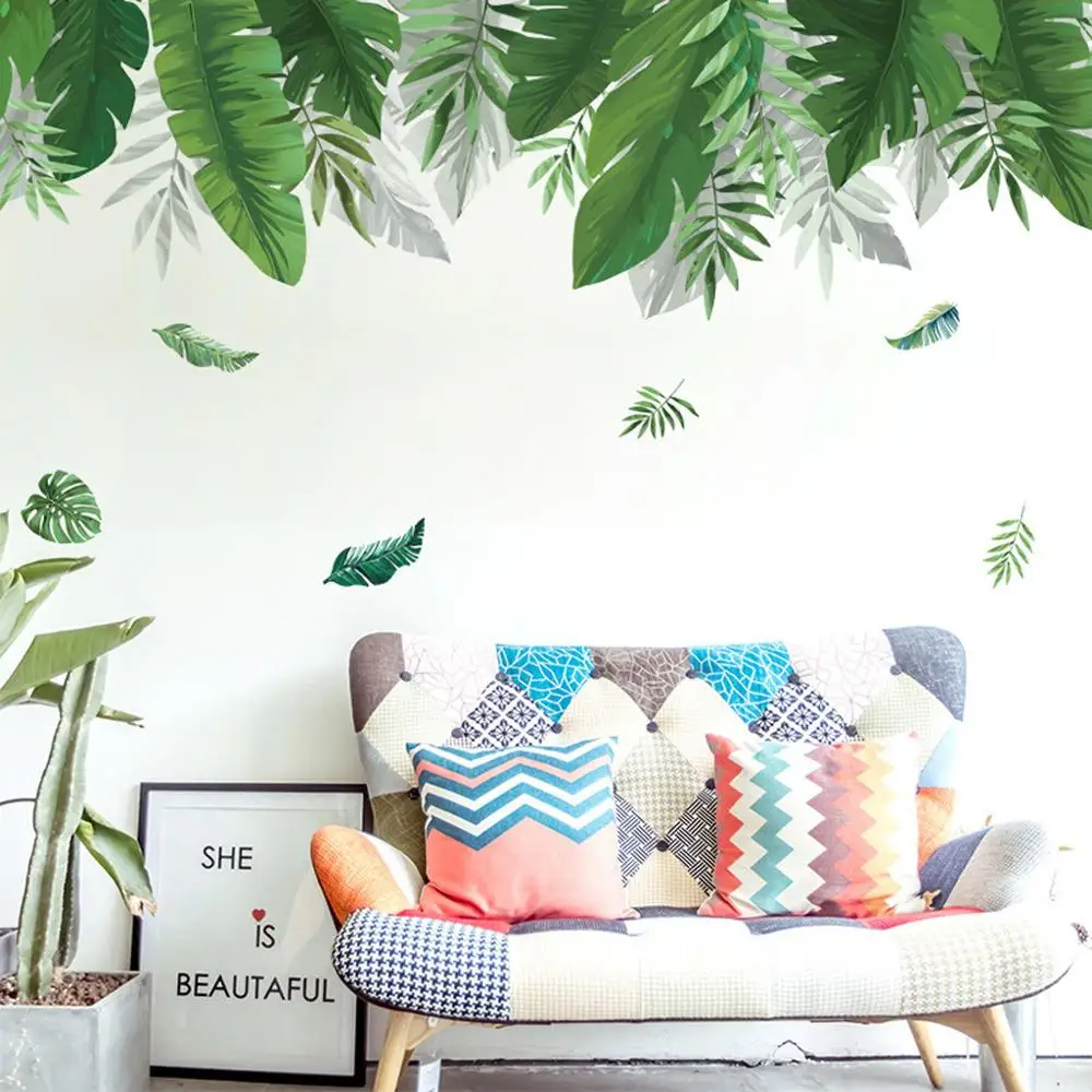 

Tropical Green Leaves Wall Stickers For Bedroom Living Room Sofa TV Background Wall Decor Removable Vinyl Wall Decals Home Decor