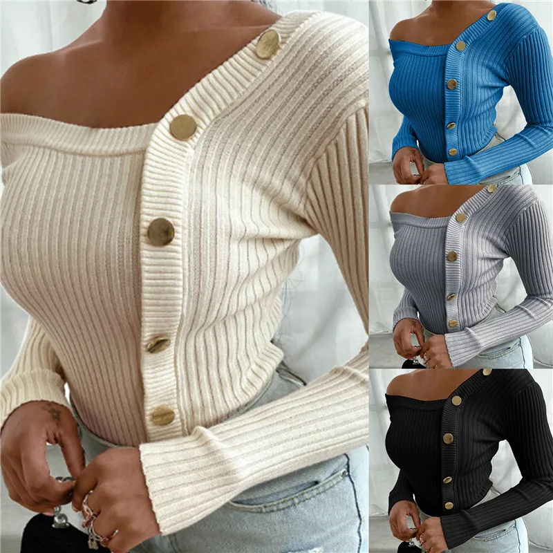 

Женский трикотажный пуловер с открытыми плечами, с длинным рукавом