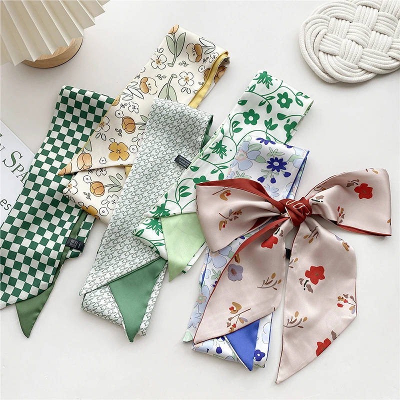 

2022 New Small Skinny Silk Scarf Women Luxury Brand Foulard Women Tie Fashion Floral Checkerboard Head Scarves For Ladies