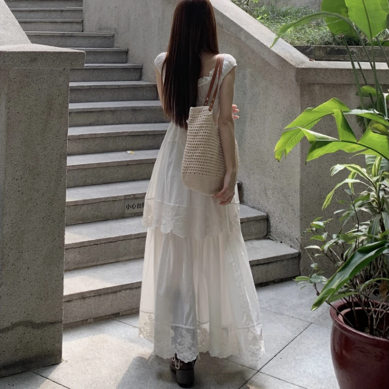 Летнее Длинное Платье с вышивкой и кружевом V-образным вырезом офисное женское