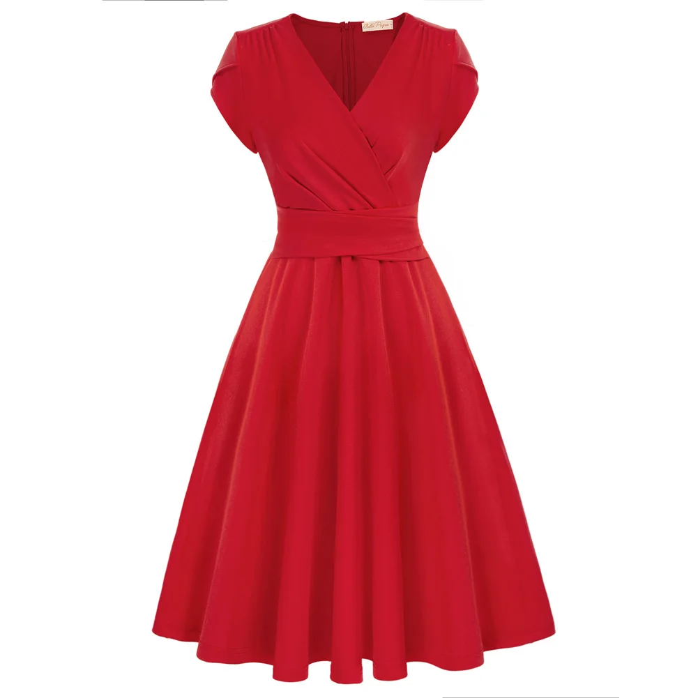 

BP Women Summer Dress Solid Vintage Defined Waist Dress Short Petal Sleeve Elegant Tunics Cross Ruched V-Neck A-Line Dresses