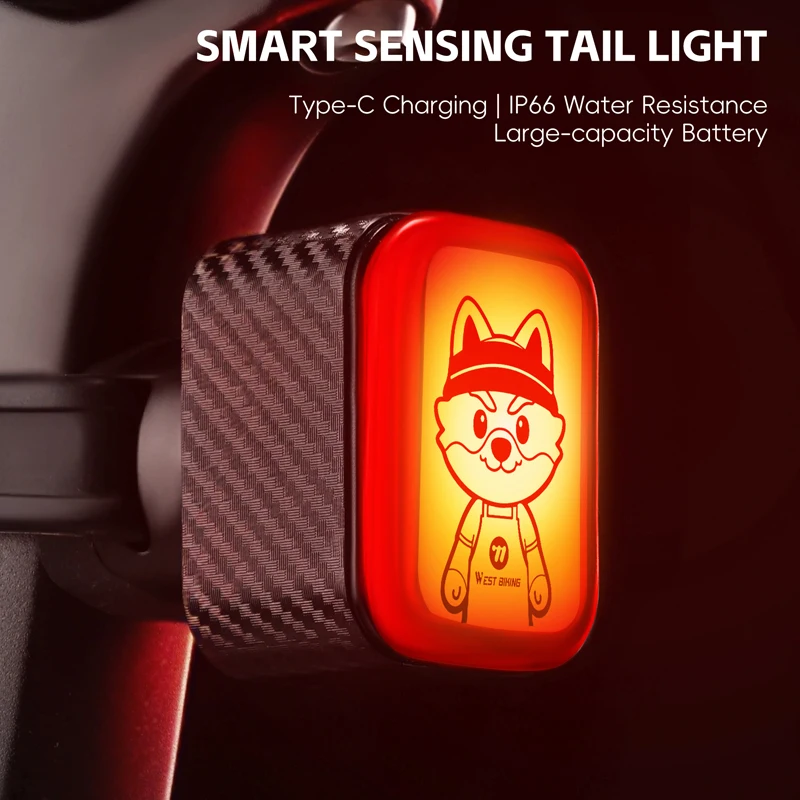 Задний фонарь для велосипеда WEST BIKING Cartoon IP Smart Bike Taillight с функцией автоматического включениявыключения при вибрации, водонепроницаемый IP66, светодиодный, с разъемом Type-C. (art.: 3920dbea2ba03) - 3920dbea2ba03
