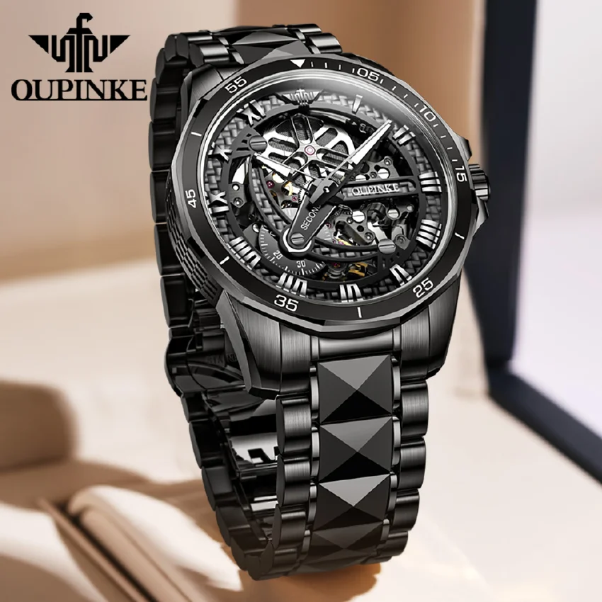 

OUPINKE Top Brand Skeleton Watch for Men Automatic Mechanical Male Watches Luxury Sapphire Crystal Waterproof Clock Montre Homme