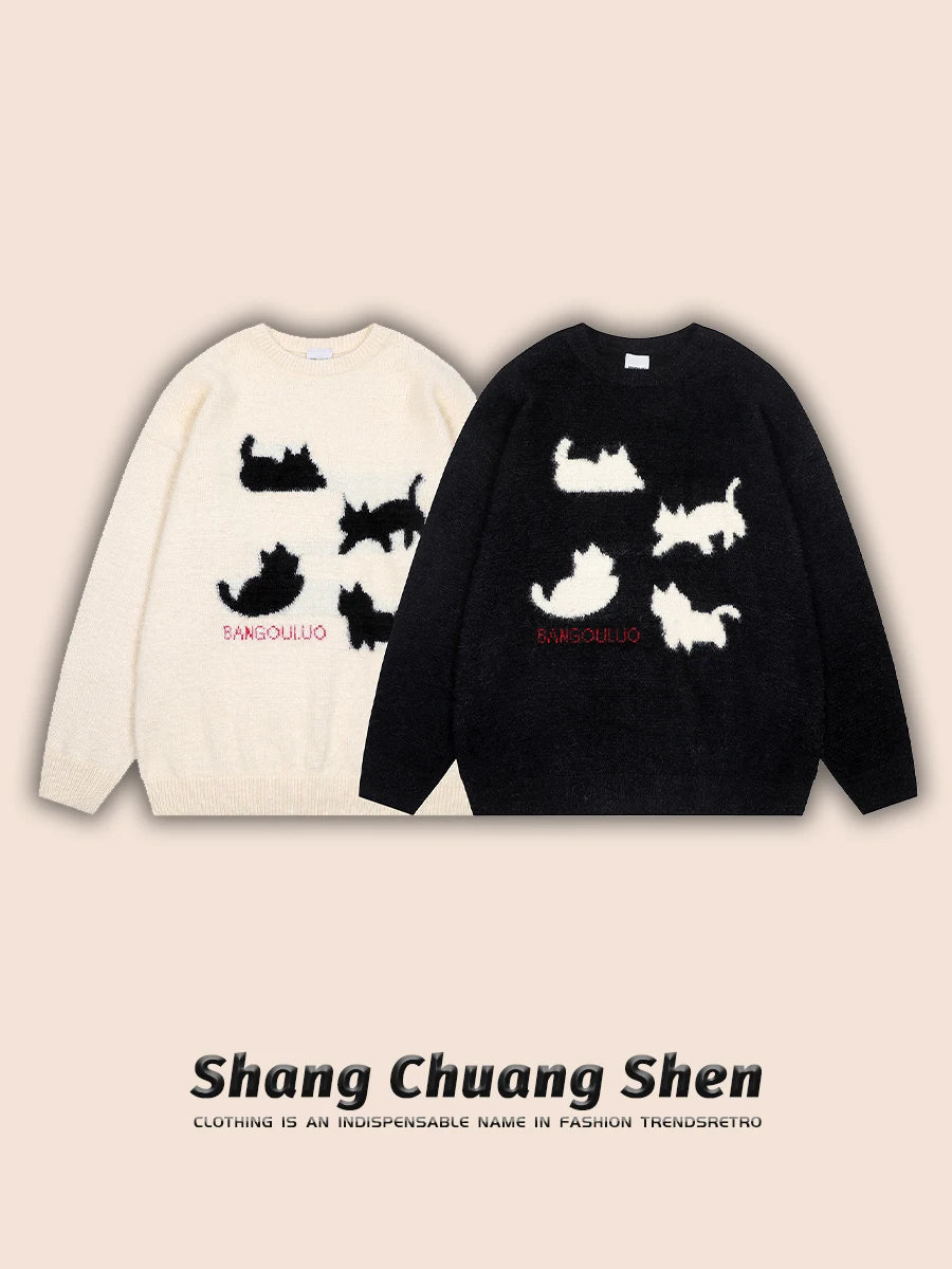 Американский винтажный жаккардовый свитер с рисунком котенка женский