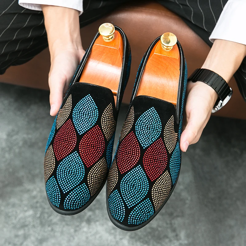 

Men Loafers Multicolour Pointed Toe Slip-On Sequined Cloth Men Dress Shoes Luxury Quality Handmade Party Shoes Size 38-46