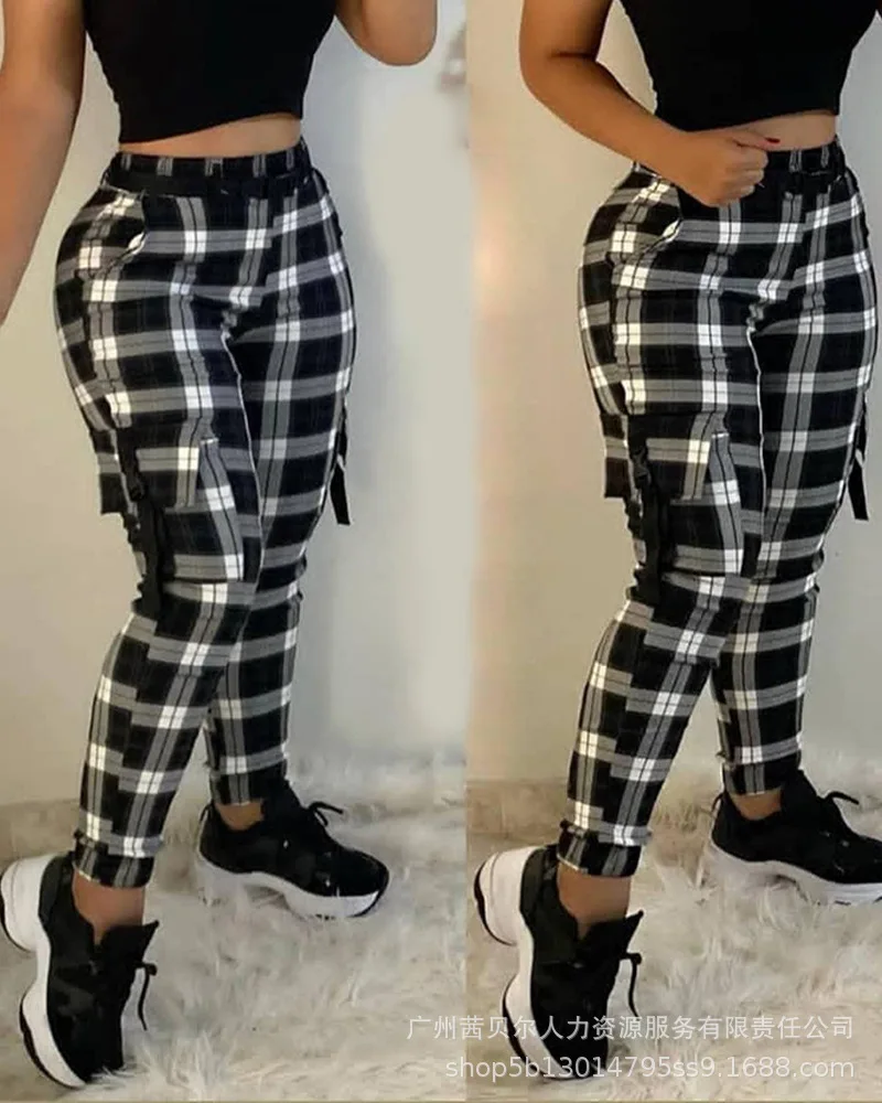 

Women's new black plaid overalls trousers