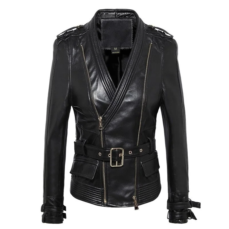 

Ol style royal sheep leather jacket, feminine street fashion, neck in v, slim keel, short motorcycle jacket, plus size 4xg,