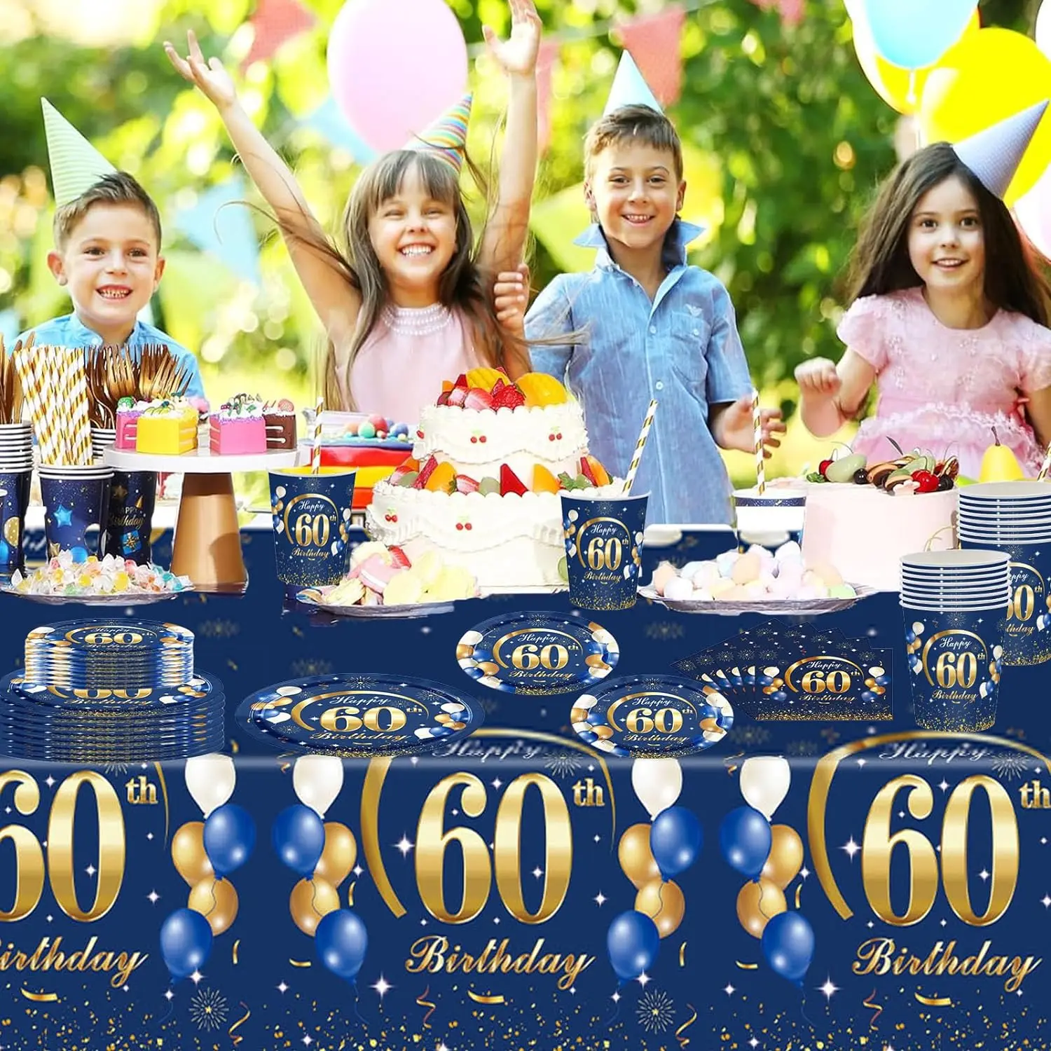 Темно-синее золото украшения на день рождения 60-го числа скатерть бумажные
