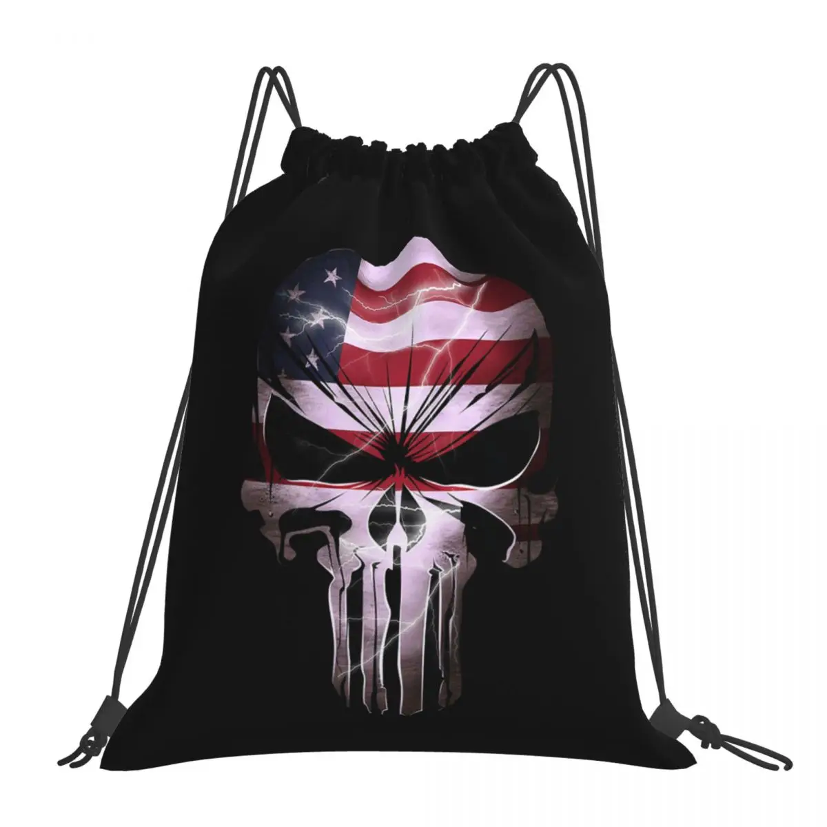 

Skull With American Flag And Lightning Backpacks Multi-function Portable Drawstring Bags Drawstring Bundle Pocket Shoes Book Bag