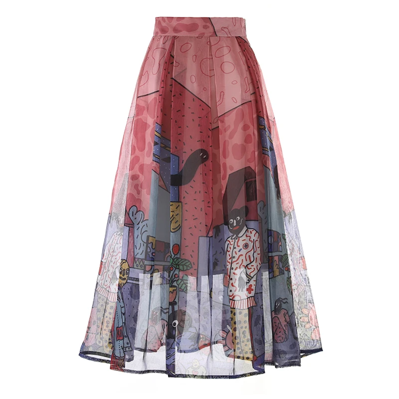 

PHOEBE HZ Print Cartoon Figure Mesh Skirt Girl Summer Empire Slimming A Line Pleated Skirt Midi Ball Gown Female 2023 New Style