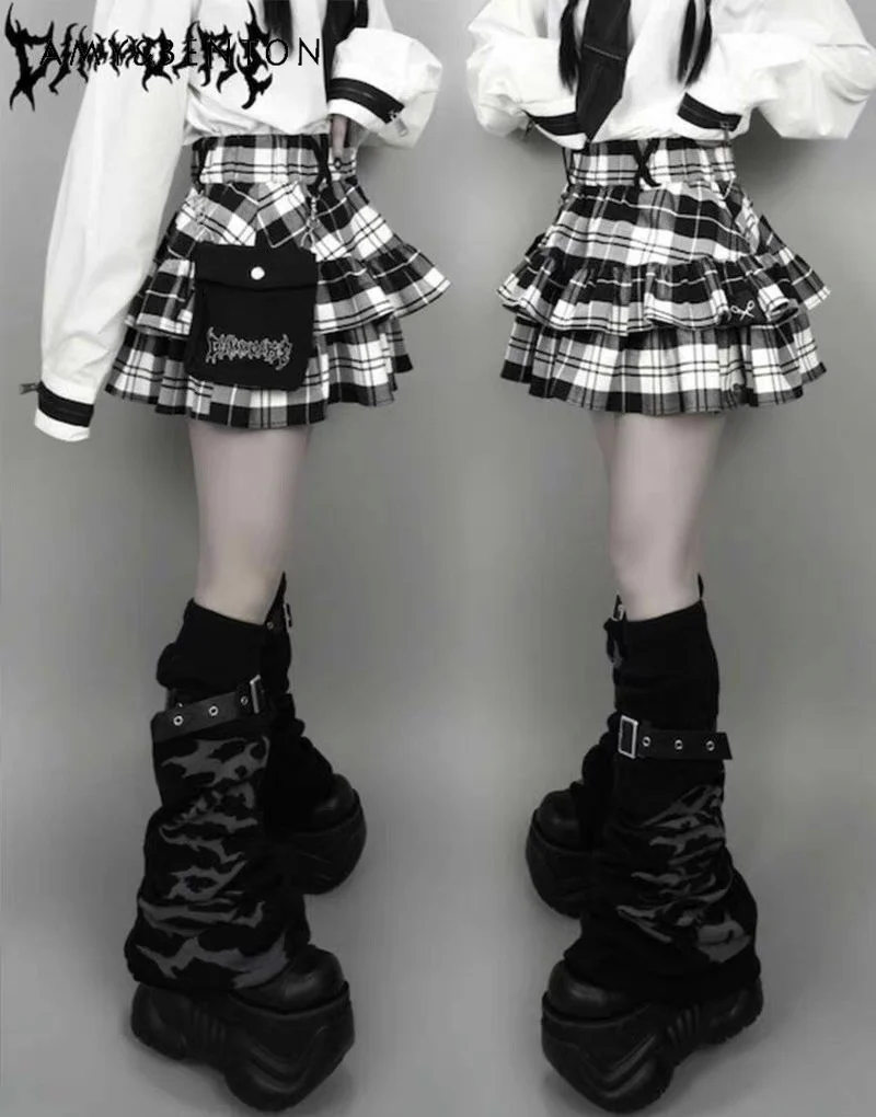 Летняя Клетчатая мини-юбка с поясом на резинке в стиле Харадзюку