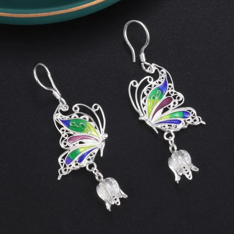 

925 Sterling Silver Butterfly Flower Bud Drop Earrings Certificated Ethnic Bohemia Enamel Long Hanging Earrings for Women EH169