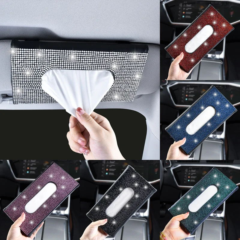 

NEW Car Sun Visor Tissue Box Holder Bling Crystals Cover Case Clip PU Leather Backseat Tissue Case Auto Accessories for Women