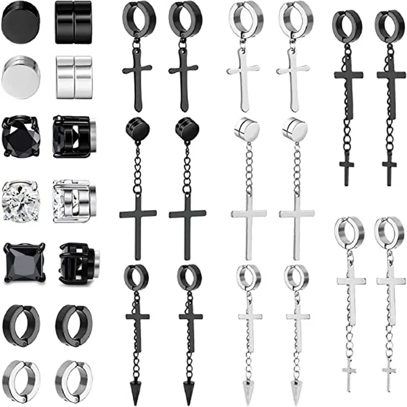 

15 Pairs Magnetic Stud Earrings Stainless Steel Magnet Clip-on Non-Perforated CZ Ring Pendant Cross Magnetic Earrings Unisex