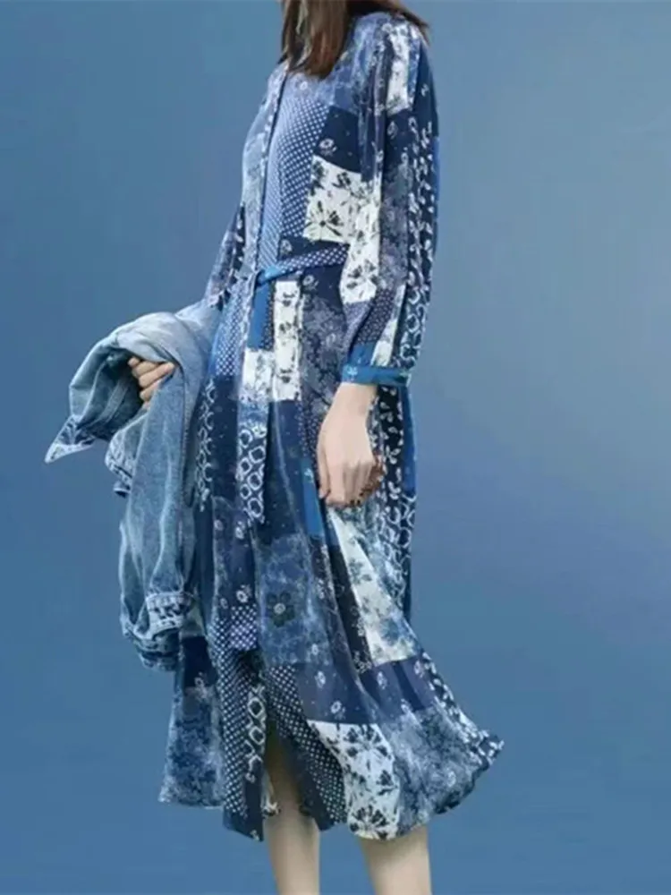 Women Retro Print Lace-Up Long Sleeve Midi Dress 2023 Summer New Fashion Ladies Single Breasted Turn-Down Collar Long Robe