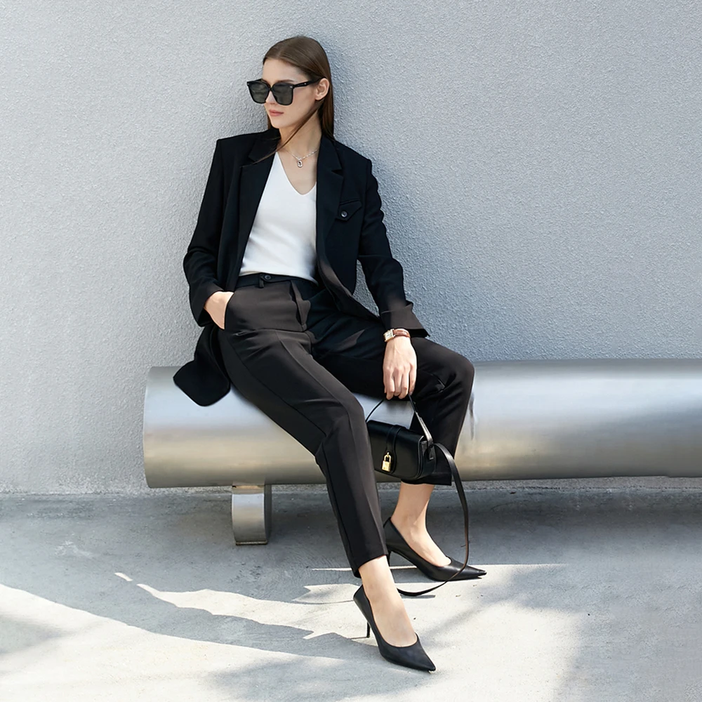 2023 New Minimalism Spring Blazer Women Suit Jacket Casual High Waist Loose Nine-Pants Office Lady Blazers with Belt Design