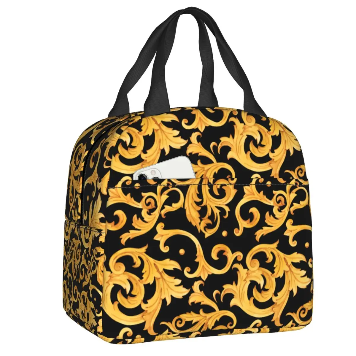 

Luxury Golden Europe Floral Print Insulated Lunch Bag for Women Leakproof Thermal Cooler Bento Box School Picnic Food Tote Bags