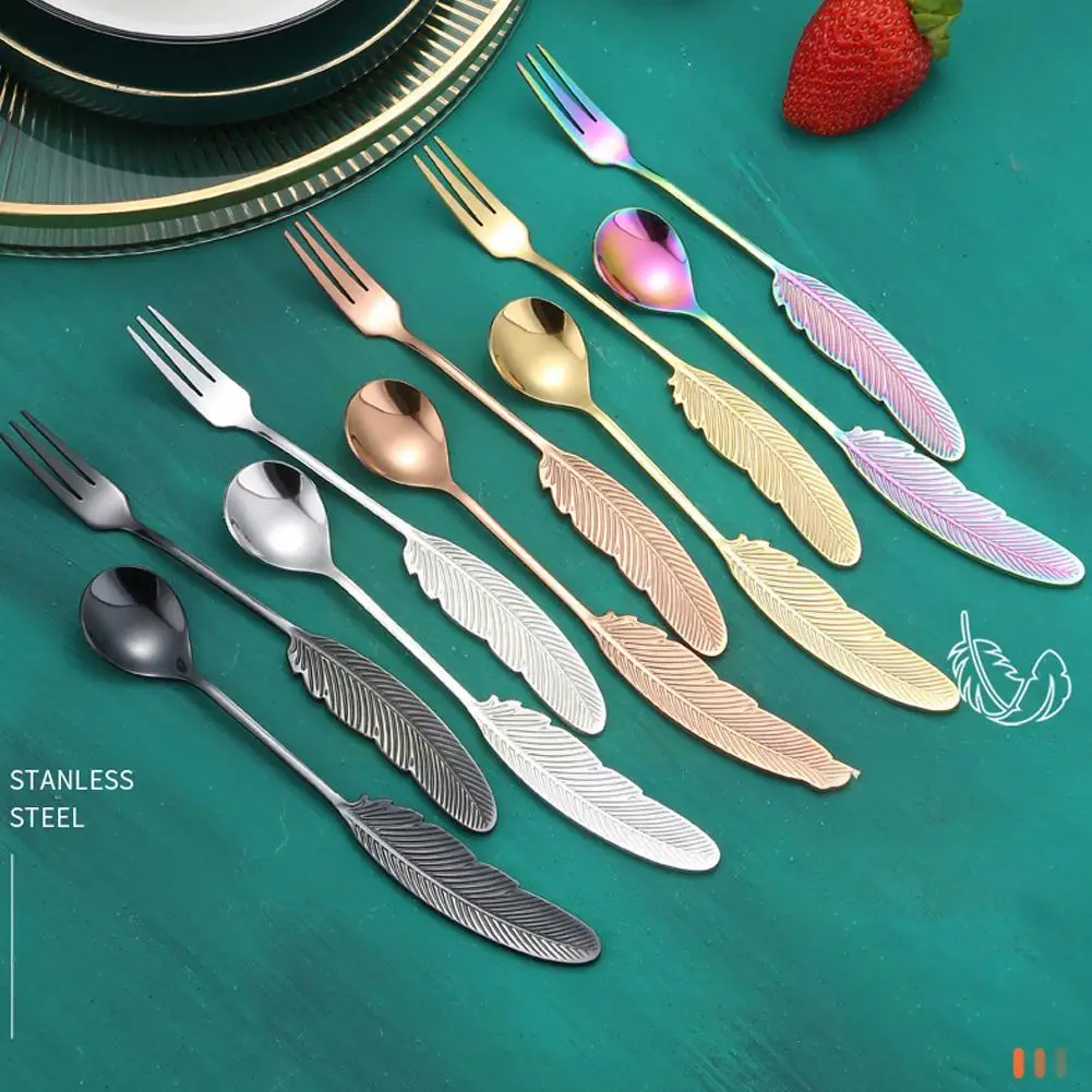 

Steel Feather-shaped Spoon Fork Tableware Kitchen Accessories For Fruit Cakes Dessert Coffee Stirring Sp V6w1