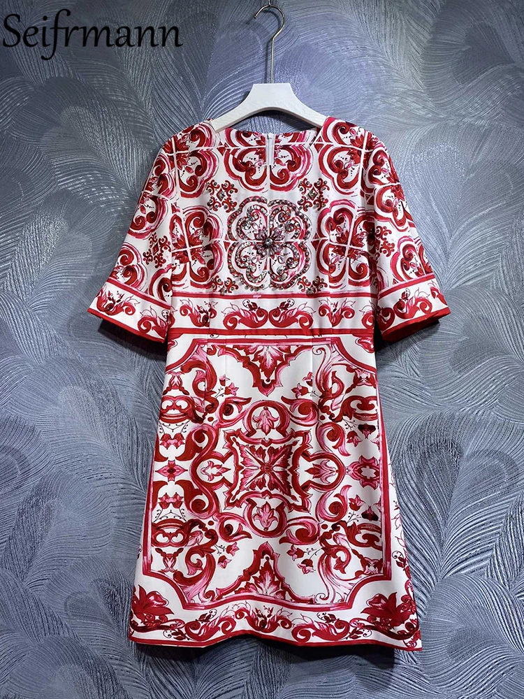 

Seifrmann High Quality Summer Women Fashion Runway Midi Dress Short Sleeve Crystal Beading Red And White Porcelain Print Dresses