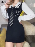 japanese korean college style young girl student dress peter pan collar elastic comfortable womens bodycon dress with necktie