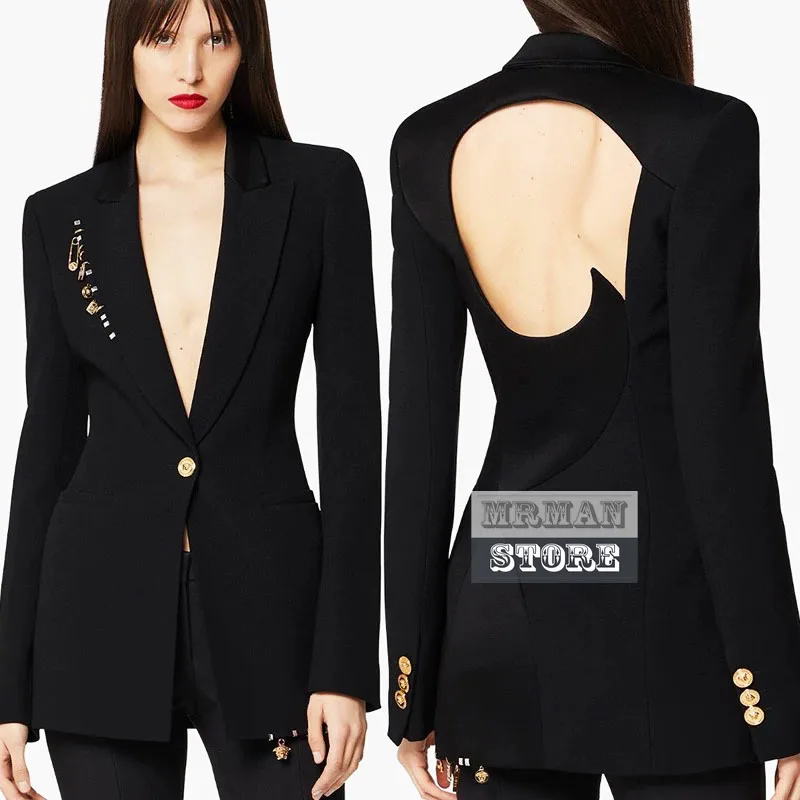 

Luxury Designer Branded 1:1 Niche Design Runway 2022 spring Sexy Cut out Back Metal Pendant Black Blzer Female Suits Blazers S-L