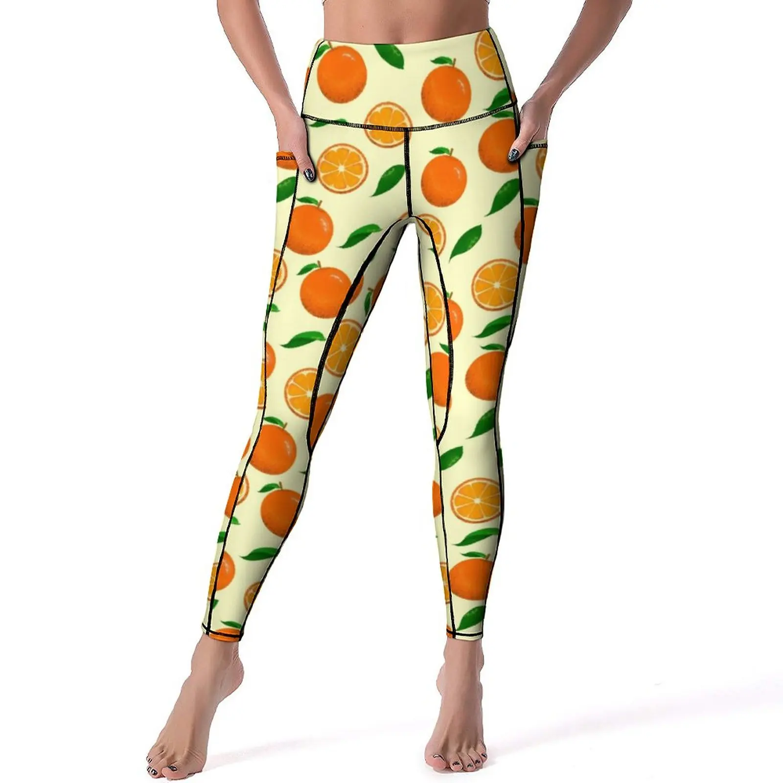 

Vibrant Oranges Yoga Pants Fruit Leaf Print Leggings Sexy Push Up Fashion Yoga Sports Tights Stretch Design Workout Leggins