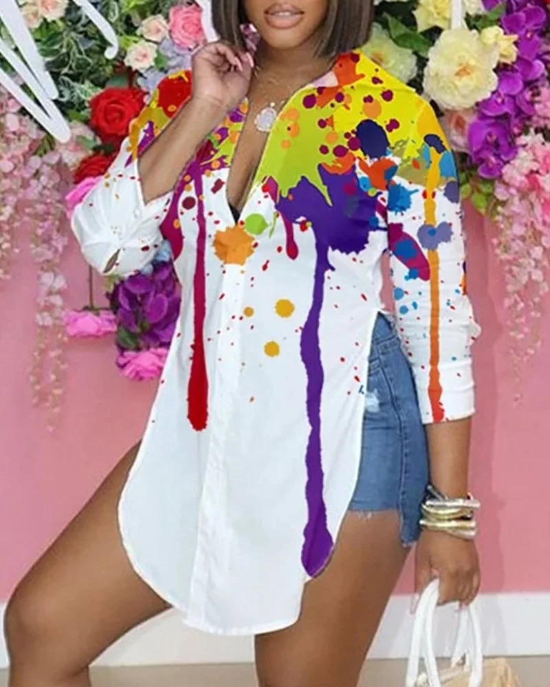 

Женская блузка с длинным рукавом, индивидуализированная рубашка с градиентным принтом, топы с лацканами и высоким разрезом сбоку, элегантные женские рубашки на весну и лето