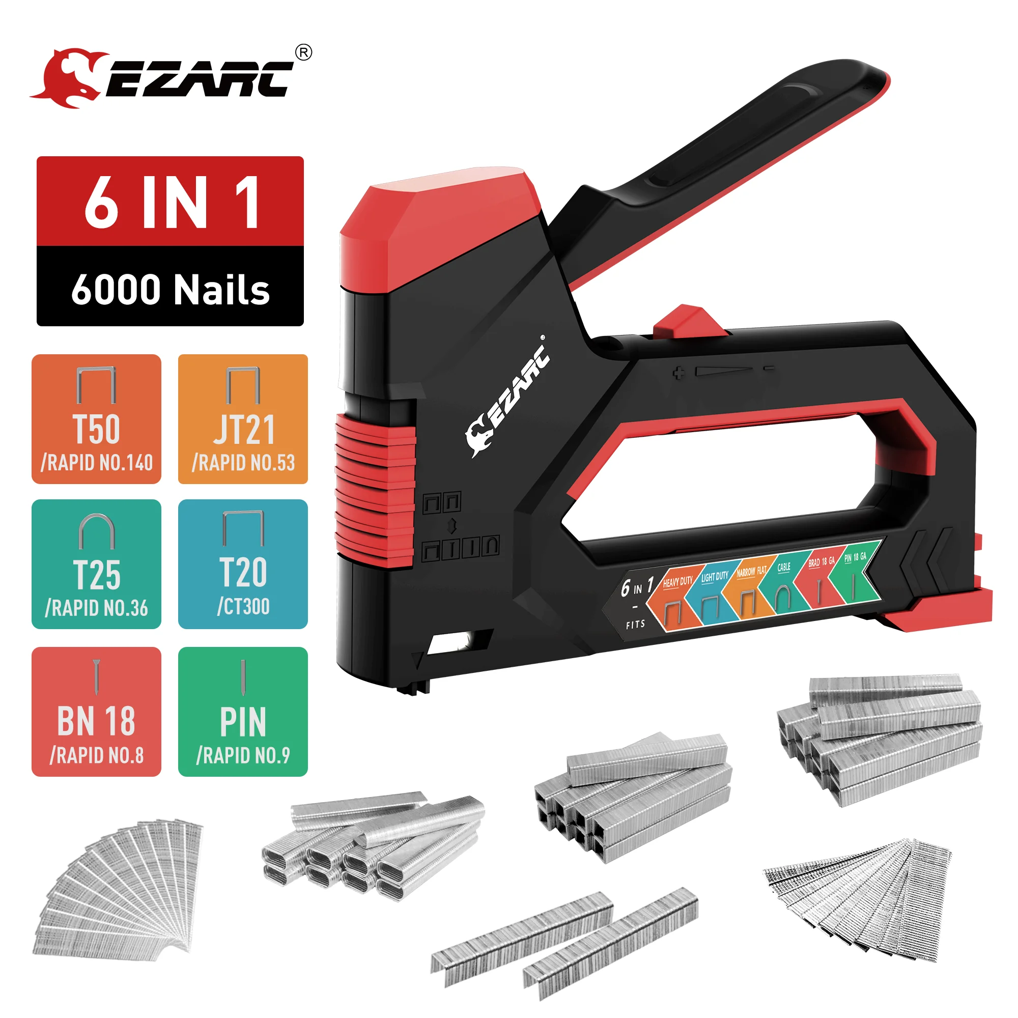 EZARC 6-in-1 Heavy Duty Staple Gun for Fixing Material Manual Nail Gun With 6000 Count Staples for Carpentry & DIY Home Decor