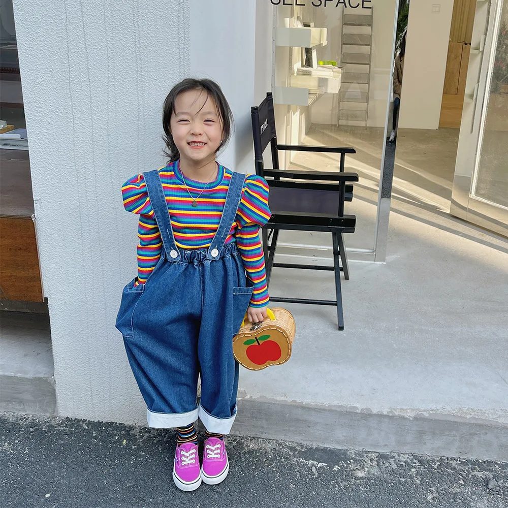 

2022 Autumn Girls Baby Denim Overalls Korean Version Wide-leg Pants Kids Loose Denim Trousers Boutique Clothing Simple Style