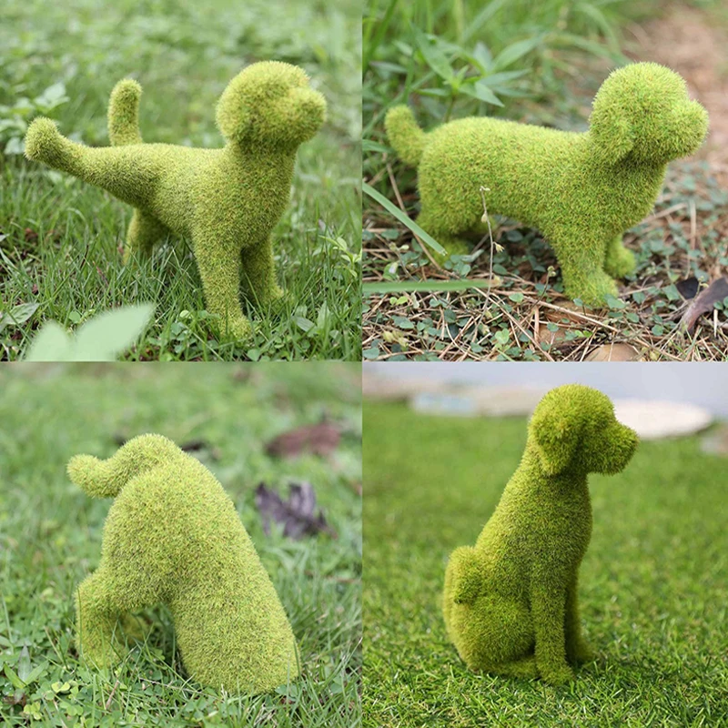 Courtyard Cute Dog Statues Grass Green Simulation Flocking Puppy Ornaments Moss Grass Cat Figurines Garden Decor