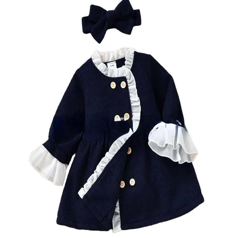 

1-3 Years Old Baby Childrens Clothing Girl Baby Autumn New Fake Two-piece Imitation Wool Double Breasted Dress Girls Clothes