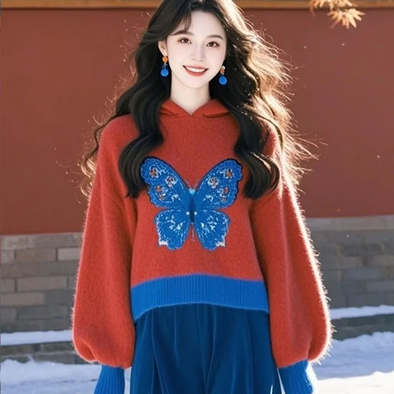 Осенне-зимние модные винтажные вязаные свитера с капюшоном женская одежда