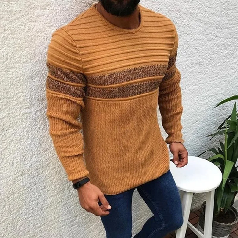 2000 Autumn Winter Men Round Neck Pullpver Sweater Classic Striped Pattern Long Sleeve Knit Pullover Top Male Sweater