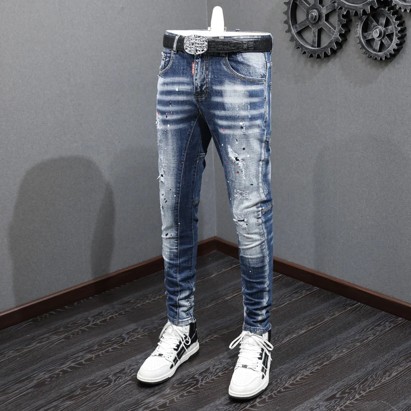 Fashion Designer Men Jeans Retro Blue Stretch Slim Painted Ripped Jeans Men Hip Hop Denim Pants Hombre Casual Vintage Trousers