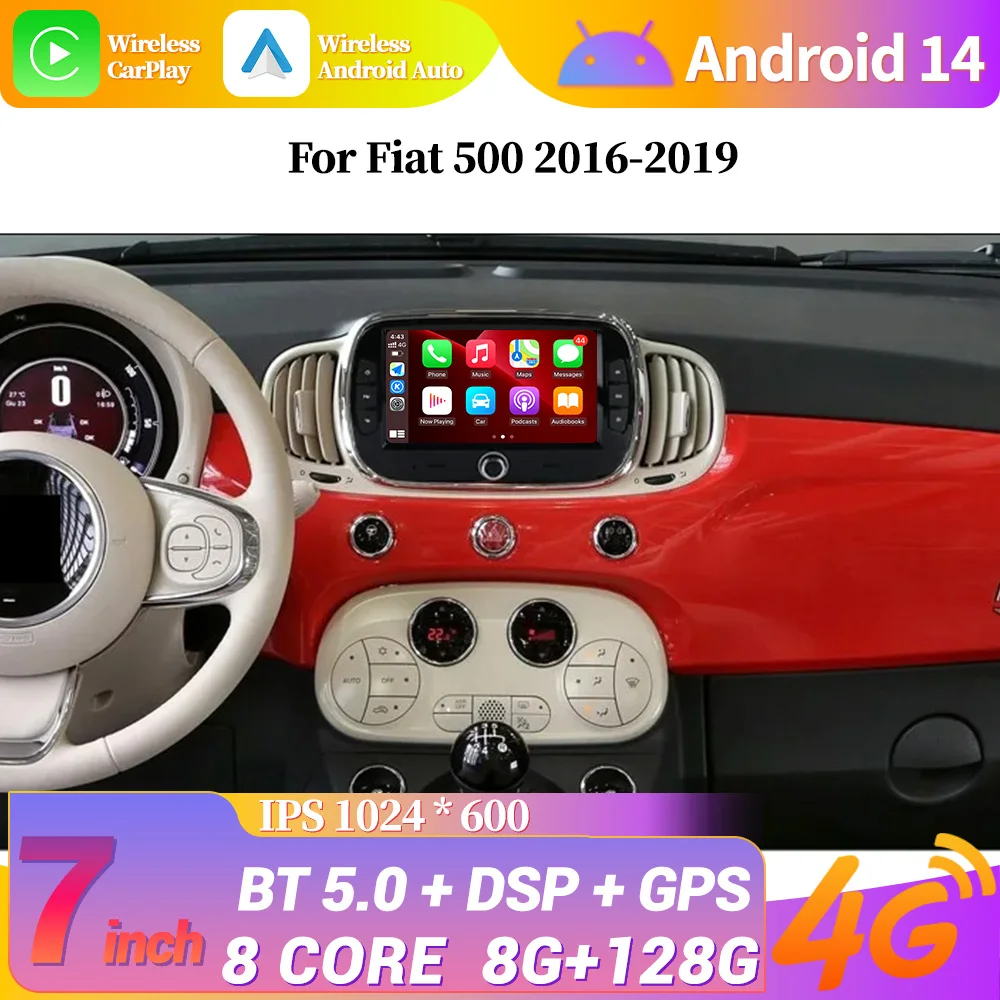 Для Fiat 500 2016-2019 беспроводной Android 13 Carplay 4G мультимедийное автомобильное радио 2 Din - Цена: 35231