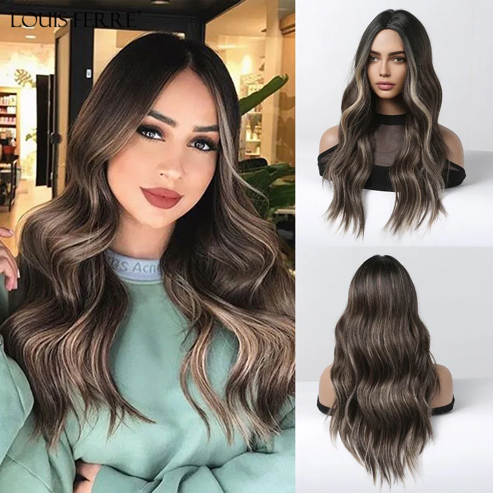 

Синтетический парик LOUIS FERRE, черный, коричневый, смешанный, светлый, блестящий, средней длины, волнистый парик для женщин афро, повседневное, Термостойкое волокно