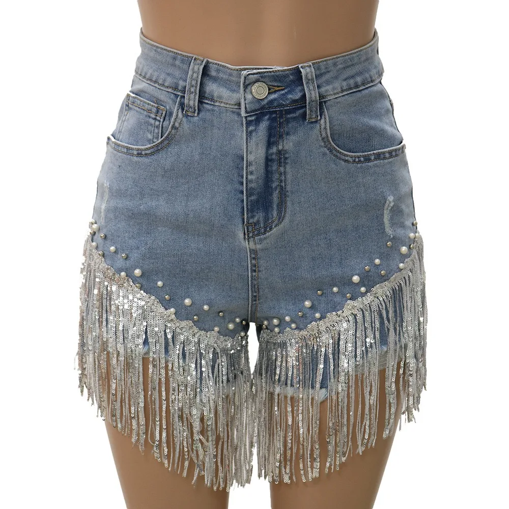 Jeans Shorts Trousers for Women High Waisted Beaded Tassel Fashion Elegant Summer 2022 New Light Blue Denim Short Pants Trousers