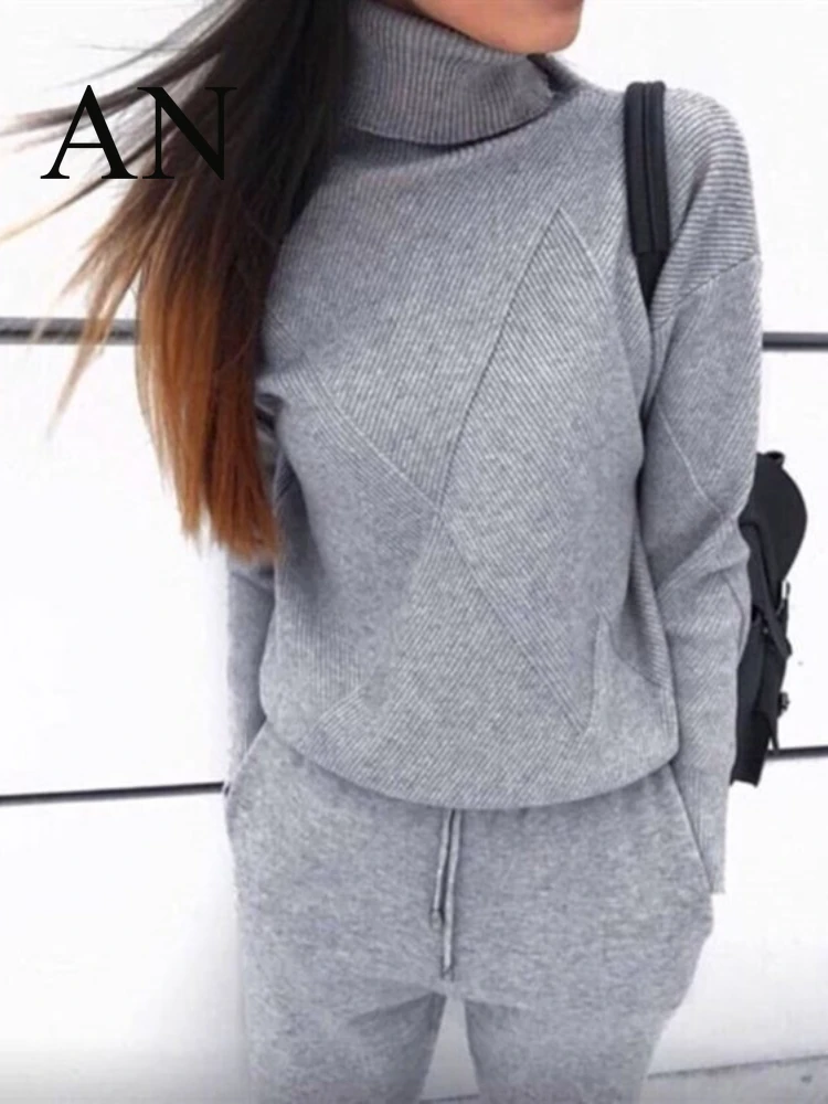 

2022 Autumn Winter New Sweater Knitted Pants Set High Collar Casual Women's Sportswear Two Piece Set Women's Turtleneck