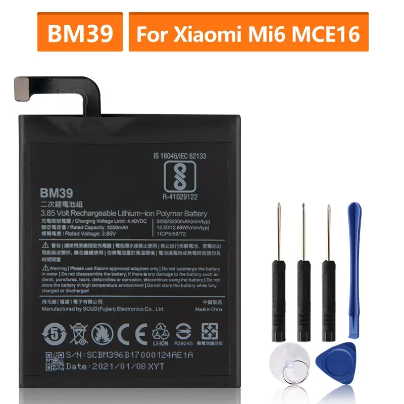 

NEW2022 Replacement Battery For Xiaomi Mi 6 Mi6 MCE16 BM39 Rechargeable Phone Battery 3350mAh
