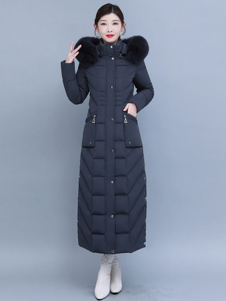 New Mother Down Coat Women Winter Fashion Detachable Hooded Real Fox Fur Collar Thicken Warm Slim Lengthened Down Jacket Female