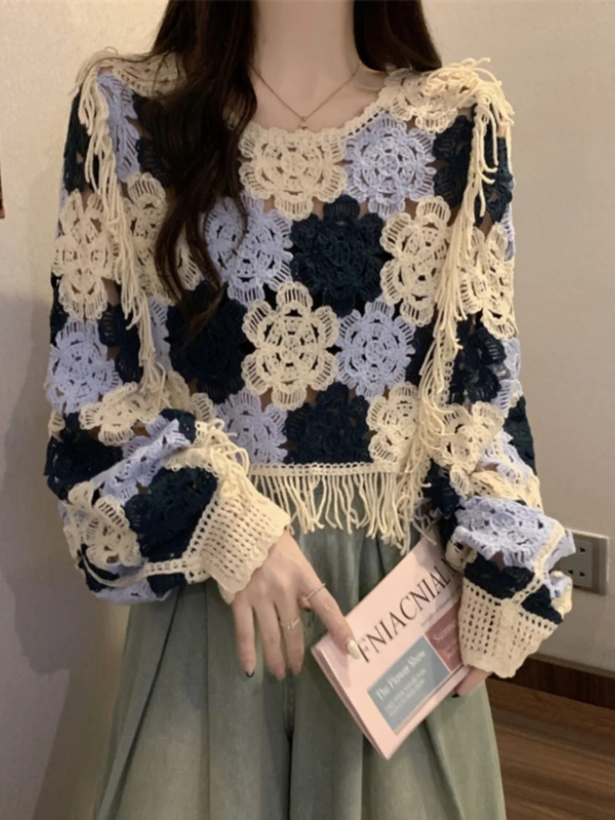 Кружевной вязаный крючком топ с кисточками в стиле пэчворк для женщин на осень и