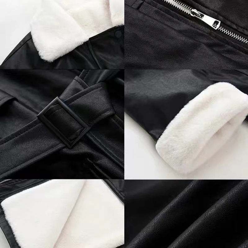 New Autumn Winter Warm Leather Jacket Women's Short Slim Faux Rabbit Fur Collar PU Biker Coat Thicken Fur Liner Female Clothing